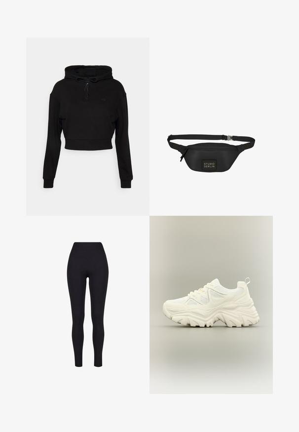 Even&Odd active by Zalando Hættetrøje - black; Sorte højtaljerede leggings, lavet af strækbart stof, med en glat tekstur og en tætsiddende design uden synlige sømme eller mønstre.; Hvid chunky sneaker med tyk tekstureret sål, mesh paneler, snørelukning foran og trækstrop ved hælen på en neutral baggrund.; Sort bæltetaske lavet af glat, vandafvisende materiale, med en rektangulær form, justerbar rem og en frontlogo-patch.