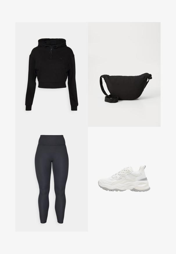Even&Odd active Huppari - black; Mustat korkeavyötäröiset ribbileggingsit, joissa on tiukka muotoilu, sileä rakenne ja täyspitkä malli. Ominaisuudet include leveä vyötärönauha tuen takaamiseksi.; Valkoinen paksupohjainen lenkkari, jossa kuvioitu pohja, verkko- ja nahkapäällinen, nauhallinen suljenta ja vetotappi kannassa valkoisella taustalla.; Mustat hobo-laukku pehmeästä kankaasta, jossa on kaareva muoto, vetoketjusuljenta ja leveä säädettävä olkahihna. Sileä pinta ilman kuvioita.