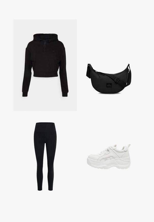 Even&Odd active by Zalando Hættetrøje - black; Girlfriend Collective FLOAT HIGH RISE LEGGING 7/8 - Tights - black; Hvid chunky sneaker med tyk sål, snørelukning foran, polstret krave og trækstykke på hælen.; Sort crossbody taske lavet af holdbart stof, med en rund form, justerbar rem og et logo-patch på forsiden.
