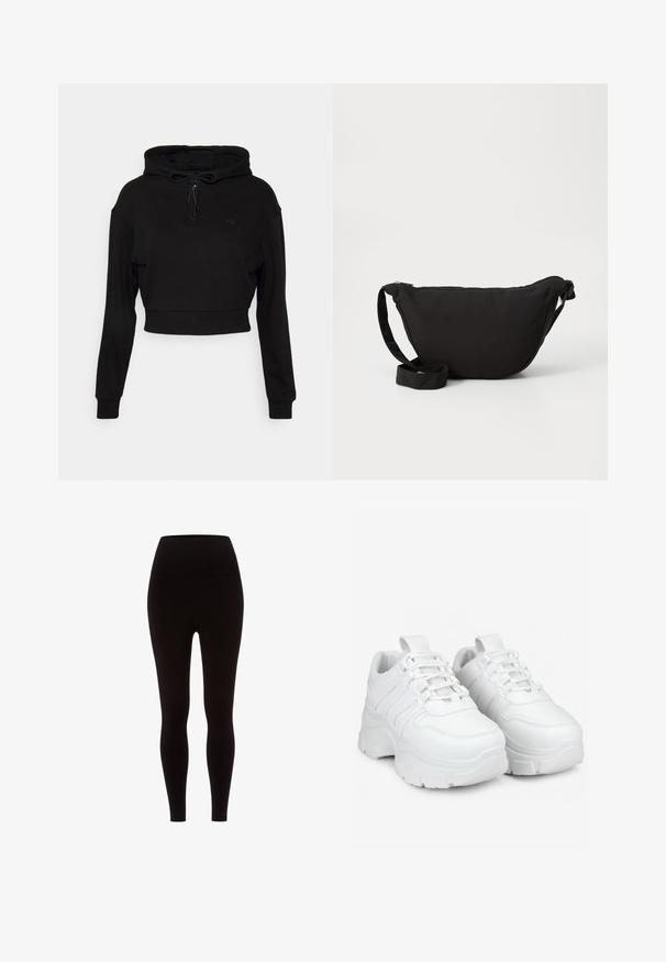Even&Odd active by Zalando Jersey con capucha - black; Leggings negras hechas de un material elástico, con una cintura alta, textura suave y un diseño ajustado, sin ningún patrón ni adornos.; Las zapatillas blancas presentan un diseño voluminoso con una suela gruesa, paneles texturizados y un cierre de cordones. Están hechas de un material sintético suave.; Bolso hobo negro de tela suave, con forma curva, cierre de cremallera y una amplia correa ajustable. Textura suave sin patrones.