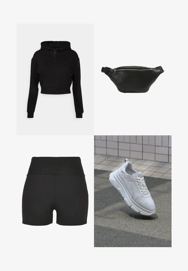 Even&Odd active by Zalando Jersey con capucha - black; Shorts atléticos negros de talle alto, fabricados con un material elegante y elástico. Presentan costuras suaves y un diseño ajustado, ideales para ropa deportiva.; Zapatilla de cuero blanca con una suela de goma gruesa y texturizada, que presenta un cierre de cordones y detalles de costura. Diseño de punta redondeada y soporte para el tobillo.; Riñonera de cuero negro con textura suave, forma curvada y cierre de cremallera plateado. Presenta una sola correa ajustable.
