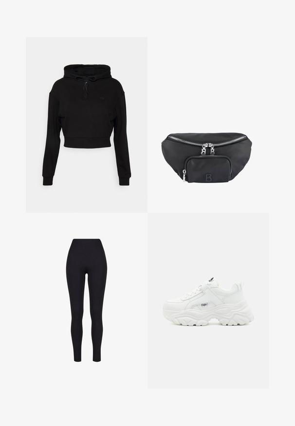 Even&Odd active Hættetrøje - black; Sorte højtaljerede leggings, lavet af strækbart stof, med en glat tekstur og en tætsiddende design uden synlige sømme eller mønstre.; Hvide chunky sneakers med en glat læderoverdel, rund tå og tyk tekstureret sål med et synligt brandlogo på siden.; Sort nylon bæltetaske med et hovedrum og en frontlomme, udstyret med sølvfarvede lynlåse og et forhøjet "B" logo.