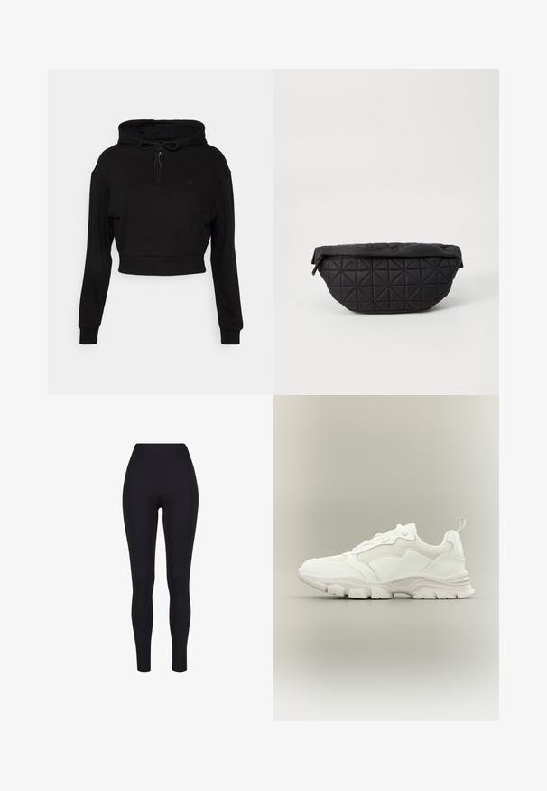 Even&Odd active by Zalando Hættetrøje - black; Sorte højtaljerede leggings, lavet af strækbart stof, med en glat tekstur og en tætsiddende design uden synlige sømme eller mønstre.; Hvid atletisk sneaker med mesh og læderoverdel, chunky sål og trækflig ved hælen, vist i sideprofil på neutral baggrund.; Sort quiltet taske med en blød, polstret tekstur og et vinkelret diamantmønster, med en buet silhuet og lynlåslukning.