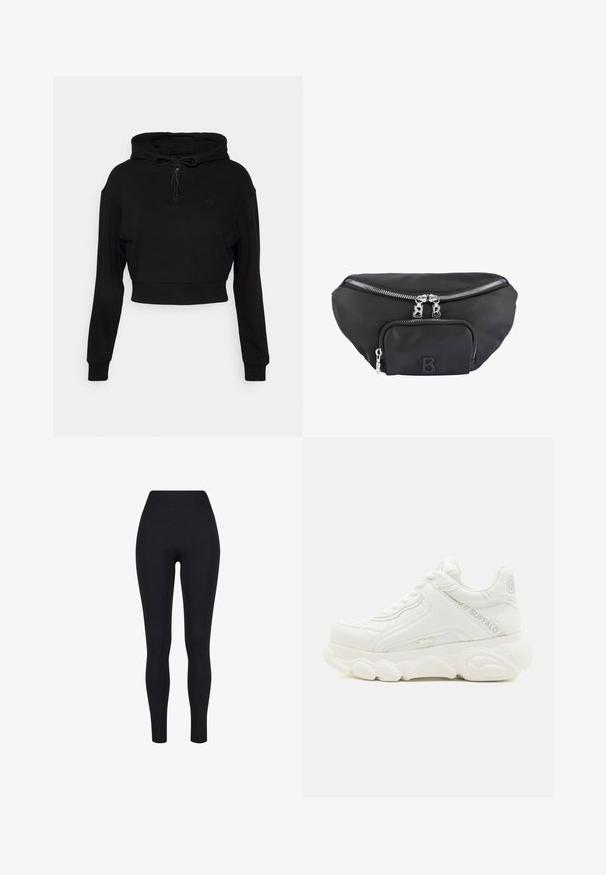 Even&Odd active Hættetrøje - black; Sorte højtaljerede leggings, lavet af strækbart stof, med en glat tekstur og en tætsiddende design uden synlige sømme eller mønstre.; Hvid chunky sneaker med tyk sål, snørelukning og "Buffalo" branding på siden og hælen.; Sort nylon bæltetaske med et hovedrum og en frontlomme, udstyret med sølvfarvede lynlåse og et forhøjet "B" logo.