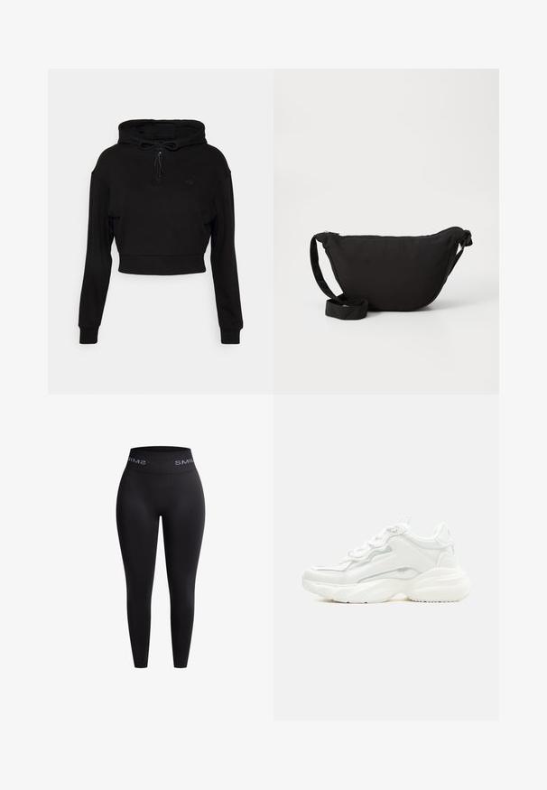 Even&Odd active by Zalando Sweat à capuche - black; Leggings noirs en tissu extensible avec une taille haute élastique présentant le texte "SMIL" en blanc. Texture lisse et design ajusté.; Baskets blanches épaisses avec semelle épaisse, fermeture à lacets sur le devant et cuir synthétique lisse avec des détails subtils de couture.; Sac hobo noir en tissu doux, avec une forme courbée, une fermeture éclair et une large sangle réglable. Texture lisse sans motifs.