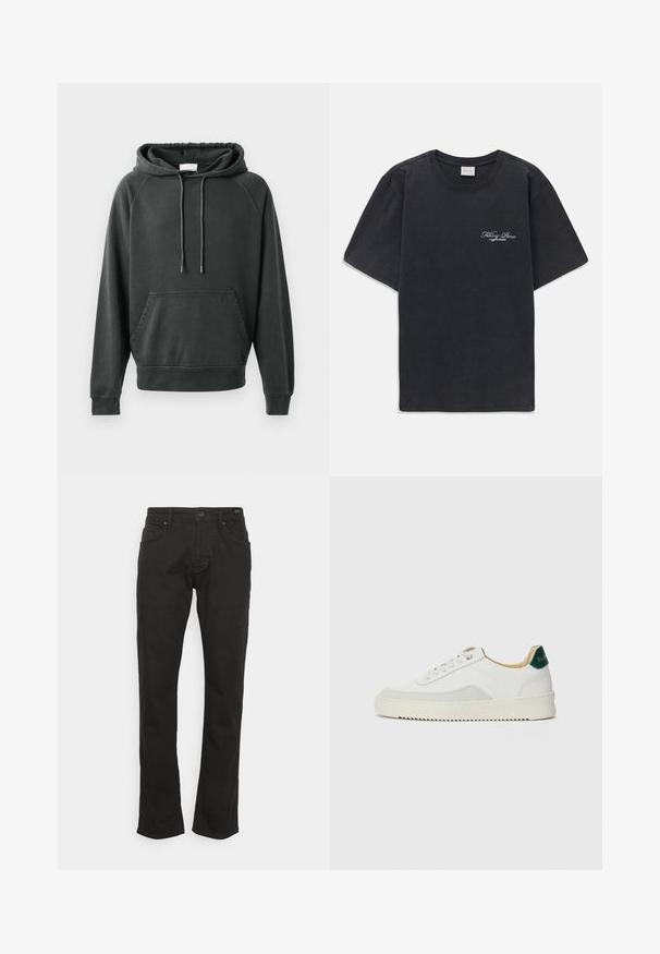 CLOSED Hættetrøje - black; Sort kortærmet t-shirt med rund hals og lille hvidt "Filling Pieces" tekstlogo på venstre bryst.; JOOP! Jeans MITCH - Jeans Straight Leg - black; Hvide sneakers med ruskindsdetaljer, rund tå, flade snørebånd og en cremet gummisål. Har grøn branding på hælen.