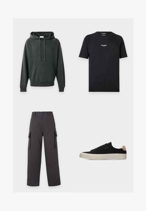CLOSED Sweat à capuche - black; T-shirt noir à manches courtes en tissu lisse, doté d'un col rond et d'un logo blanc "SILENCE" sur la poitrine.; Pantalons cargo gris foncé, fabriqués en tissu lisse, dotés de deux poches latérales et de fermetures à boutons. Coupe ample avec des ourlets côtelés.; Baskets basses noires avec languette beige au talon, semelle en caoutchouc blanche épaisse, lacets noirs et petite étiquette "PS Paul Smith" sur le côté.