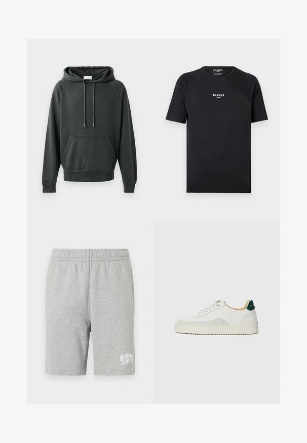 CLOSED Jersey con capucha - black; Camiseta negra de manga corta hecha de una tela suave, con cuello redondo y un logo blanco que dice "SILENCE" en el pecho.; Pantalones cortos de algodón grises con una cinturilla elástica y un logo blanco en la parte inferior derecha. Textura suave, diseño a la altura de la rodilla.; Zapatilla blanca con acentos de ante, puntera redondeada, cordones planos y suela de goma color crema. Presenta un logo verde en el talón.