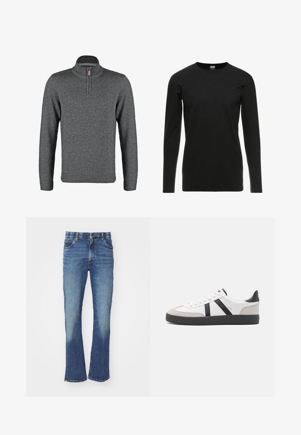 Suéter gris con cuello alto, diseñado con un medio zipper. Presenta puños y dobladillo acanalados, hecho de una tela suave al tacto.; Urban Classics STRETCH TERRY - Camiseta de manga larga - black; Jeans de mezclilla azul con un ligero corte acampanado, con un lavado desgastado, cinco bolsillos y cierre de botón.; Zapatilla blanca con acentos en negro y gris, que presenta una puntera texturizada en gris, suela de goma negra y cordones planos blancos. Diseño limpio, estilo minimalista.