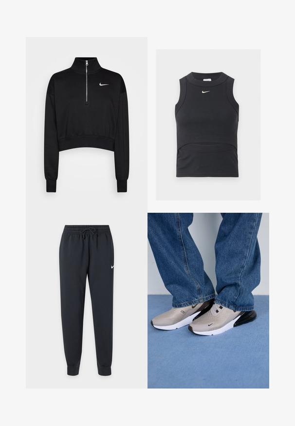 Schwarzer, kurzer Sweatshirt mit hohem Kragen, halbem Reißverschluss, gerippten Bündchen und kleinem weißen Nike-Logo auf der linken Brust. Weicher Stoff.; Schwarzes ärmelloses, kurzes Sporttop mit gerippter Struktur und weißem Nike Swoosh-Logo auf der Brust.; Schwarze Nike Jogginghose mit elastischem Bund und Kordelzug, schmal zulaufenden Beinen, Bündchen an den Knöcheln und kleinem weißen Nike-Swoosh am rechten Oberschenkel.; Graue Sneaker mit Mesh-Obermaterial, schwarzen Akzenten und weißer Sohle. Getragen mit lockeren blauen Jeans, die teilweise die Schuhkanten verdecken.