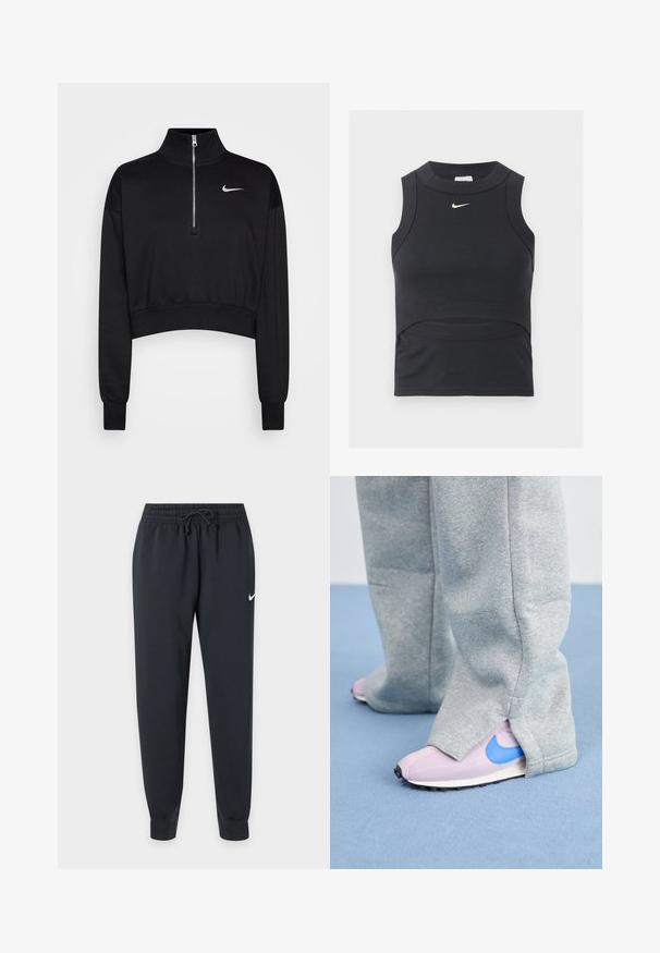 Sort cropped sweatshirt med høje krave, halv lynlås, ribbede manchetter og et lille hvidt Nike-logo på venstre bryst. Blød stoftekstur.; Sort ærmeløs cropped sportstop med ribbet tekstur og hvid Nike swoosh-logo på brystet.; Sorte Nike joggingbukser med elastisk talje og snøre, tilspidsede ben, manchetter ved anklerne og lille hvid Nike swoosh på højre lår.; Grå sweatpants dækker lyserøde sneakers med en blå Nike swoosh, der har et struktureret stof og en kontrasterende sål.
