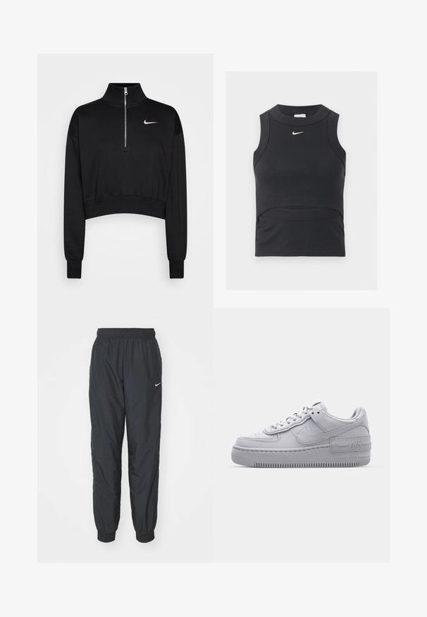 Schwarzer, kurzer Sweatshirt mit hohem Kragen, halbem Reißverschluss, gerippten Bündchen und kleinem weißen Nike-Logo auf der linken Brust. Weicher Stoff.; Schwarzes ärmelloses, kurzes Sporttop mit gerippter Struktur und weißem Nike Swoosh-Logo auf der Brust.; Schwarze Nike Jogginghosen aus leichtem Material, mit elastischem Bund und Bündchen, versehen mit einem kleinen weißen Logo am linken Bein.; Graue Nike Air Force 1 Sneaker mit perforierter Zehenpartie, Obermaterial aus glattem Leder, dicker Sohle und geprägtem 'AIR'-Detail an der Ferse.