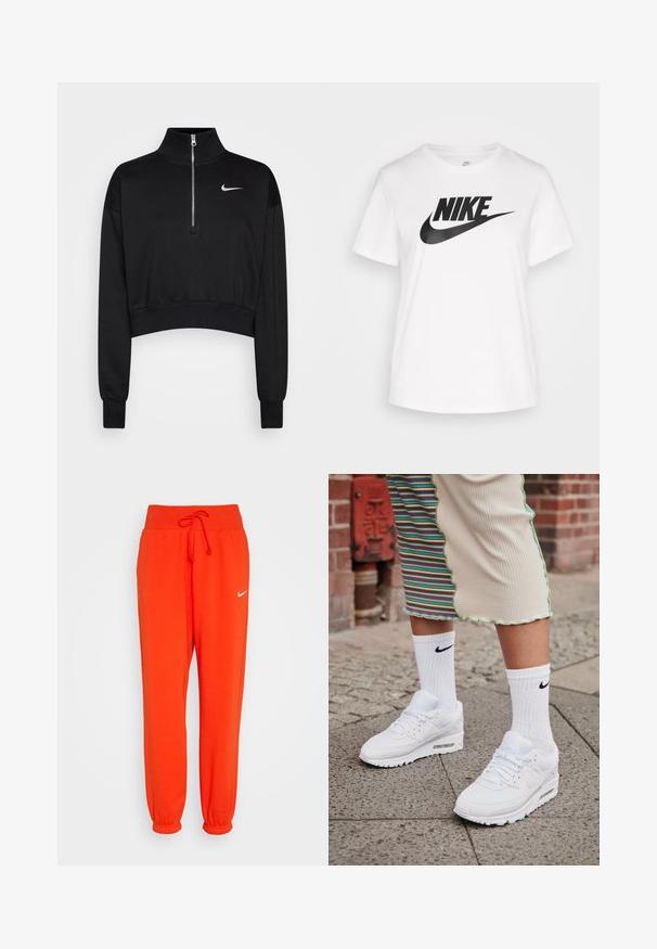 Sweatshirt noir court avec un col haut, fermeture à moitié zippée, poignets en côte et un petit logo Nike blanc sur la poitrine gauche. Texture de tissu doux.; T-shirt en coton blanc avec un col rond, des manches courtes et un grand logo Nike noir imprimé sur la poitrine. Texture lisse et design décontracté.; Nike Sportswear W PHNX FLC HR OS - Pantalon de survêtement - picante red/sail; Baskets Nike Air Max 90 blanches avec une tige en maille et cuir, dotées d'une unité d'air visible, accompagnées de chaussettes blanches côtelées avec un logo noir.