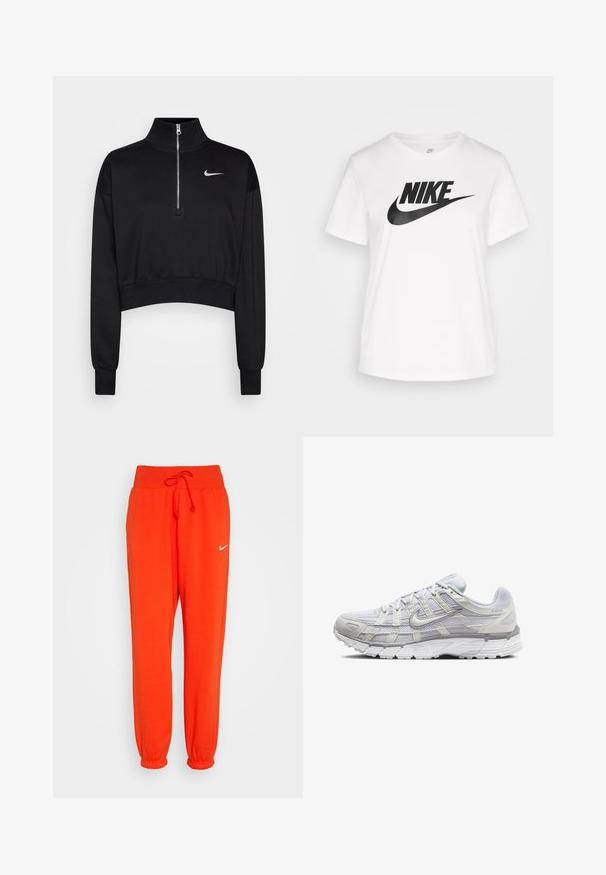 Čierny skrátený sveter s vysokým golierom, polovičným zipsom, rebrovanými manžetami a malým bielym logom Nike na ľavej hrudi. Mäkká textúra látky.; Biele bavlnené tričko s okrúhlym výstrihom, krátkymi rukávmi a veľkým čiernym logom Nike potlačeným na hrudi. Hladká textúra a neformálny dizajn.; Nike Sportswear W PHNX FLC HR OS - Tepláky - picante red/sail; Svetlo šedé športové topánky s vrchom z ďalekého a syntetického materiálu, so šnurovacím uzáverom, polstrovaným golierom a štruktúrovanou podrážkou pre lepšiu priľnavosť.