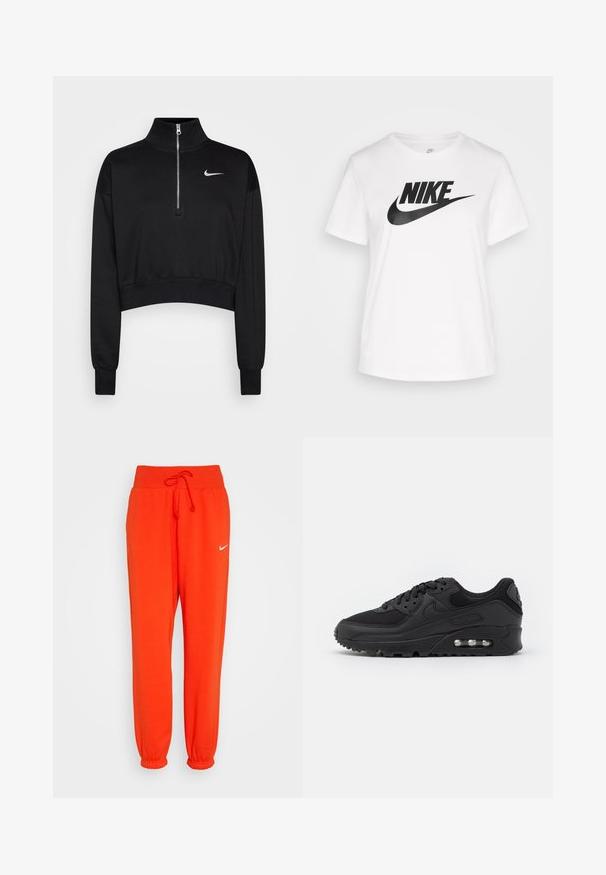 Sort cropped sweatshirt med høje krave, halv lynlås, ribbede manchetter og et lille hvidt Nike-logo på venstre bryst. Blød stoftekstur.; Hvid bomulds t-shirt med rund hals, korte ærmer, og et stort sort Nike-logo trykt på tværs af brystet. Glat tekstur og afslappet design.; Nike Sportswear W PHNX FLC HR OS - Træningsbukser - picante red/sail; Sort atletisk sneakers med en glat læder- og mesh-overdel, rund tå, teksturerede detaljer og en synlig luftenhed i sålen.