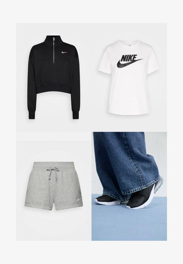 Sort cropped sweatshirt med høje krave, halv lynlås, ribbede manchetter og et lille hvidt Nike-logo på venstre bryst. Blød stoftekstur.; Hvid bomulds t-shirt med rund hals, korte ærmer, og et stort sort Nike-logo trykt på tværs af brystet. Glat tekstur og afslappet design.; Grå atletiske shorts lavet af blødt stof, med en elastisk talje med snor, og et lille Nike-logo på den nederste venstre side.; Sorte atletiske sko med mesh-detaljer, hvid sål og synlig luftpolstring, parret med blå denim bukser med vide ben.