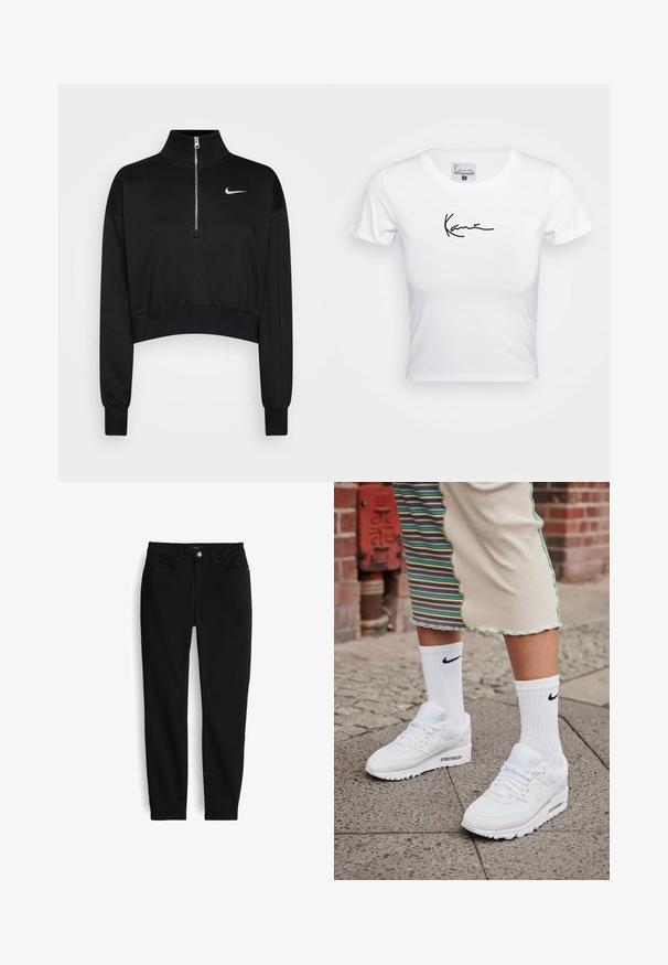 Schwarzer, kurzer Sweatshirt mit hohem Kragen, halbem Reißverschluss, gerippten Bündchen und kleinem weißen Nike-Logo auf der linken Brust. Weicher Stoff.; Weißes, kurzes T-Shirt mit kurzen Ärmeln aus weichem Baumwollmaterial. Es hat ein schwarzes Schriftlogo auf der Brust, einen runden Ausschnitt und eine taillierte Form.; Schwarze Slim-Fit-Jeans mit Knopf- und Reißverschluss vorne, fünf Taschen und Gürtelschlaufen, flach auf weißem Hintergrund ausgebreitet.; Weiße Nike Air Max 90 Sneakers mit Obermaterial aus Mesh und Leder, ausgestattet mit einer sichtbaren Air-Einheit, kombiniert mit weißen gerippten Socken mit schwarzem Logo.