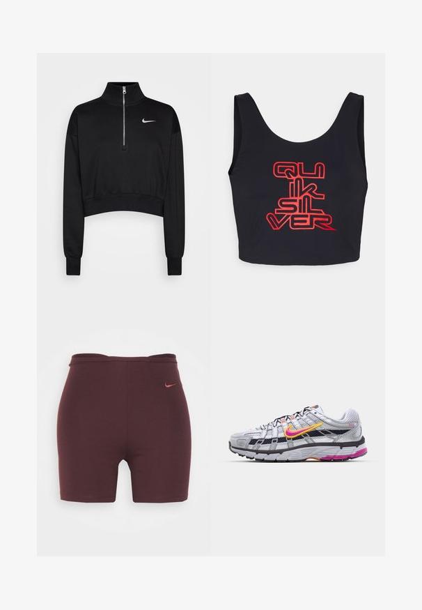 Čierny skrátený sveter s vysokým golierom, polovičným zipsom, rebrovanými manžetami a malým bielym logom Nike na ľavej hrudi. Mäkká textúra látky.; Quiksilver STRANGER THINGS UPSIDE DOWN SCOOP SINGLET - Top - black; Bordové športové šortky s vysokým pásom, vyrobené z elastického materiálu, s malým logom Nike v kontrastnej farbe na ľavej strane.; Šedé bežecké topánky z materiálu mesh s charakteristickým ružovým a žltým piktogramom, čiernymi akcentmi a textúrovanou gumovou podrážkou. Obsahujú zosilnenú špičku a polstrovaný golier.