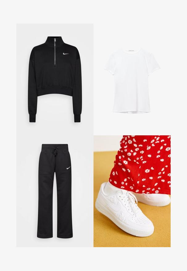 Zwarte cropped sweatshirt met een hoge kraag, halve rits, geribde manchetten en een klein wit Nike-logo op de linkerkant van de borst. Zachte stoffen textuur.; Witte short-sleeve t-shirt van gladde stof, met een ronde halslijn en subtiele stiksels bij de zoom.; Zwarte sweatpants van een katoenmix, voorzien van een tailleband met koord, rechte pijpen, en een wit Nike-logo aan de linkerzijde.; Witte leren sneakers met bloemige reliëfaccenten, ronde neus en een gestructureerde rubberen zool. In combinatie met rode broek met witte bloemenprint.