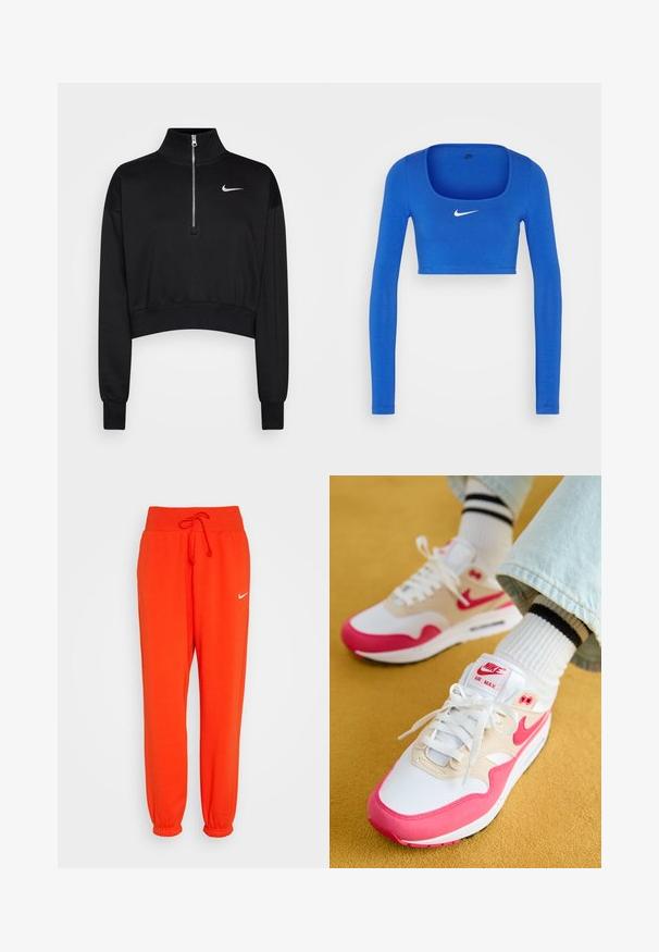 Must mustraga tuunik, millel on kõrge kaelus, pool-kratiga lukuga sulgemine, soonikkoes varrukad ning väike valge Nike logo vasakul rinnal. Pehme kangatunne.; Nike Sportswear W NSW LS CROP TOP SW - Pikkade varrukatega topp - game royal/phantom; Nike Sportswear W PHNX FLC HR OS - Dresside alumine osa - picante red/sail; Valged ja roosad Nike Air Max tossud, millel on beež ülaserv, tekstuuriga viimistlus, valged paelad ja nähtav õhukamber.