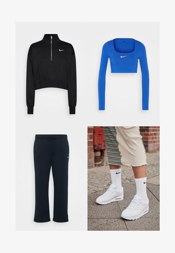 Čierny skrátený sveter s vysokým golierom, polovičným zipsom, rebrovanými manžetami a malým bielym logom Nike na ľavej hrudi. Mäkká textúra látky.; Nike Sportswear W NSW LS CROP TOP SW - Top s dlhým rukávom - game royal/phantom; Čierne tepláky s elastickým pásom a nastaviteľnou šnúrkou. Obsahujú malé biele logo Nike na ľavej strane. Mäkká textúra látky.; Biele tenisky Nike Air Max 90 s vrchnou časťou z kombinácie sieťovaného a koženého materiálu, s viditeľnou vzduchovou jednotkou, v kombinácii s bielymi rebrovanými ponožkami s čiernym logom.