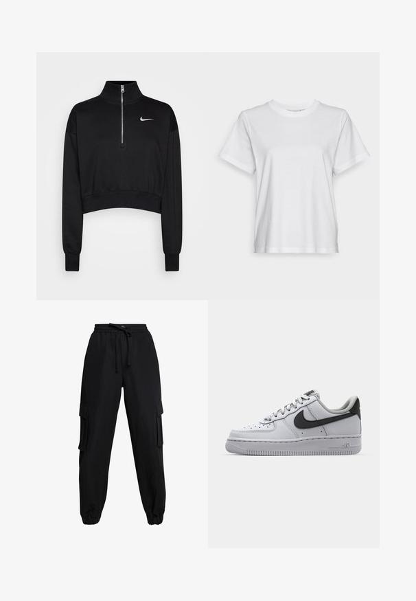 Must mustraga tuunik, millel on kõrge kaelus, pool-kratiga lukuga sulgemine, soonikkoes varrukad ning väike valge Nike logo vasakul rinnal. Pehme kangatunne.; Valge puuvillane t-särk lühikeste varrukatega, ümmarguse kaelusega ja lõdva istuvusega. Sile tekstuur, ilma mustrite ega graafikateta, lihtne disain.; Mustad mustad püksid kergest kangast, millel on elastne vöökoht, nöör ja küljetaskud. Tootmise lõpetavad sääremanšetid.; Valge nahast toss, hallide detailidega, ümmarguse varbaga, tekstuurse pinnaga, pehmendatud krae ja kontrastses mustas värvuses Swoosh logo. Õhkpadjaga tald.