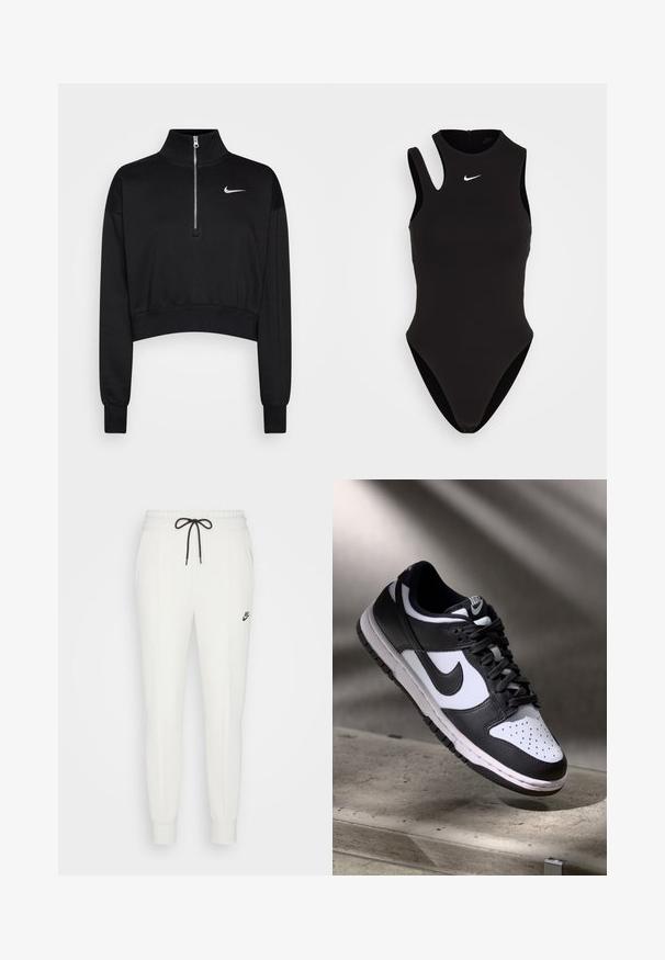 Zwarte cropped sweatshirt met een hoge kraag, halve rits, geribde manchetten en een klein wit Nike-logo op de linkerkant van de borst. Zachte stoffen textuur.; Nike Sportswear BODYSUIT TANK - Top - black/white; Witte sweatpants van zacht materiaal, met een elastische tailleband, verstelbaar zwart trekkoord en een klein zwart logo op de dij.; Zwart-witte Nike Dunk Low sneaker met een leren bovenwerk, geperforeerde neus, en zwarte veters, met een witte zool en logo-accenten.