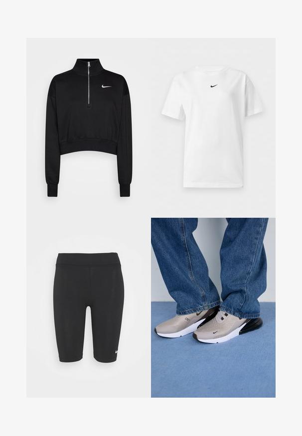 Sort cropped sweatshirt med høje krave, halv lynlås, ribbede manchetter og et lille hvidt Nike-logo på venstre bryst. Blød stoftekstur.; Hvid t-shirt med korte ærmer og rund halsudskæring med et lille sort Nike Swoosh-logo centreret nær kraven.; Sorte atletiske shorts lavet af strækbart stof, med en glat tekstur, midt på låret længde og et lille hvidt logo på det nederste venstre ben.; Grå sneakers med mesh-overdel, sorte accenter og hvid sål. Båret med løse blå denim jeans, der delvist dækker kanten af skoene.