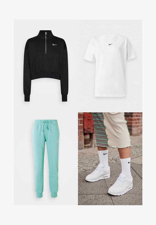 Čierny skrátený sveter s vysokým golierom, polovičným zipsom, rebrovanými manžetami a malým bielym logom Nike na ľavej hrudi. Mäkká textúra látky.; Biele tričko s krátkym rukávom a okrúhlym výstrihom s malým čiernym logom Nike Swoosh umiestneným v strede blízko goliera.; Mentolové tepláky s elastickým pásom, šnúrkou na stiahnutie a rebrovanými manžetami. Na ľavom stehne sa nachádza malé biele logo Nike.; Biele tenisky Nike Air Max 90 s vrchnou časťou z kombinácie sieťovaného a koženého materiálu, s viditeľnou vzduchovou jednotkou, v kombinácii s bielymi rebrovanými ponožkami s čiernym logom.
