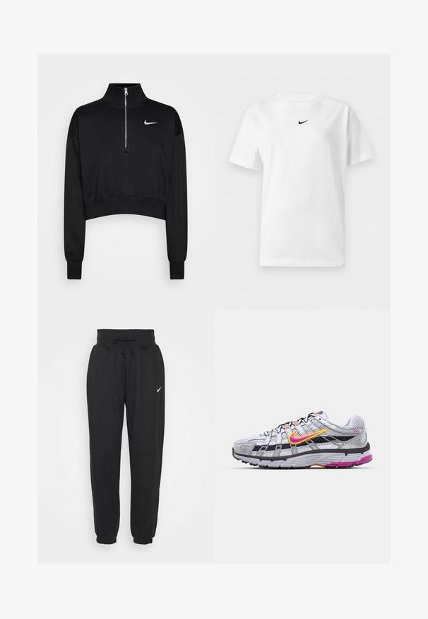 Čierny skrátený sveter s vysokým golierom, polovičným zipsom, rebrovanými manžetami a malým bielym logom Nike na ľavej hrudi. Mäkká textúra látky.; Biele tričko s krátkym rukávom a okrúhlym výstrihom s malým čiernym logom Nike Swoosh umiestneným v strede blízko goliera.; Čierne tepláky vyrobené z mäkkej bavlnenej zmesi, s elastickým pásom na šnúrku a elastickými manžetami. Logo Nike na ľavom stehne.; Šedé bežecké topánky z materiálu mesh s charakteristickým ružovým a žltým piktogramom, čiernymi akcentmi a textúrovanou gumovou podrážkou. Obsahujú zosilnenú špičku a polstrovaný golier.