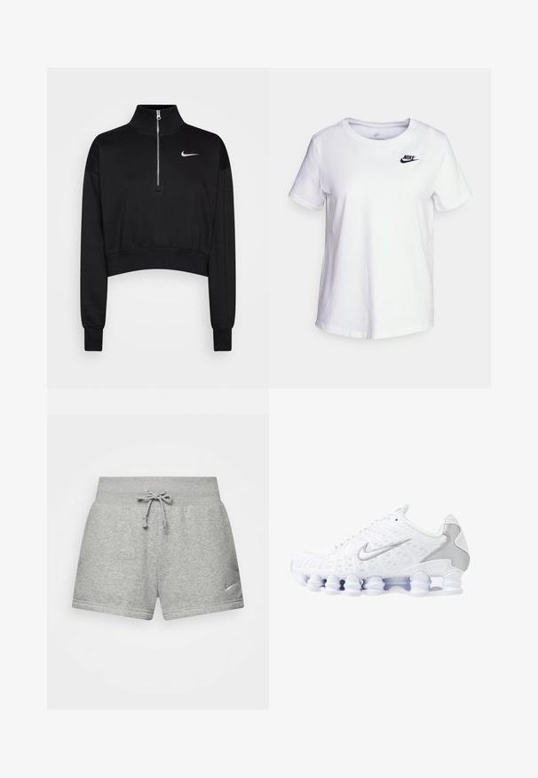 Schwarzer, kurzer Sweatshirt mit hohem Kragen, halbem Reißverschluss, gerippten Bündchen und kleinem weißen Nike-Logo auf der linken Brust. Weicher Stoff.; Weißes Baumwoll-T-Shirt mit Rundhalsausschnitt und kurzen Ärmeln. Mit einem schwarzen Nike-Logo auf der oberen linken Brustseite.; Graue Sportshorts aus weichem Material mit einem elastischen Bund und Kordelzug sowie einem kleinen Nike-Logo auf der unteren linken Seite.; Weiße Sportschuhe mit einem oberen Teil aus Mesh, silbernen Akzenten und einem einzigartigen Spiralsohlendesign. Verfügt über einen gepolsterten Schaft und eine Schnürung für optimalen Halt.