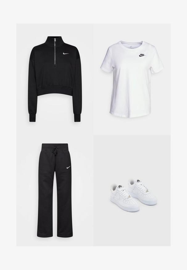 Sudadera negra corta con cuello alto, cierre de media cremallera, puños acanalados y un pequeño logo blanco de Nike en el lado izquierdo del pecho. Textura de tejido suave.; Camiseta de algodón blanca con cuello redondo y mangas cortas. Presenta un logotipo negro de Nike en la parte superior izquierda del pecho.; Pantalones de chándal negros hechos de una mezcla de algodón, con una cintura elástica ajustable, piernas rectas y un logo blanco de Nike en el lado izquierdo.; Zapatillas Nike Air Force 1 blancas con una parte superior de cuero suave, puntera perforada, cordones blancos y un logotipo negro en la lengüeta.