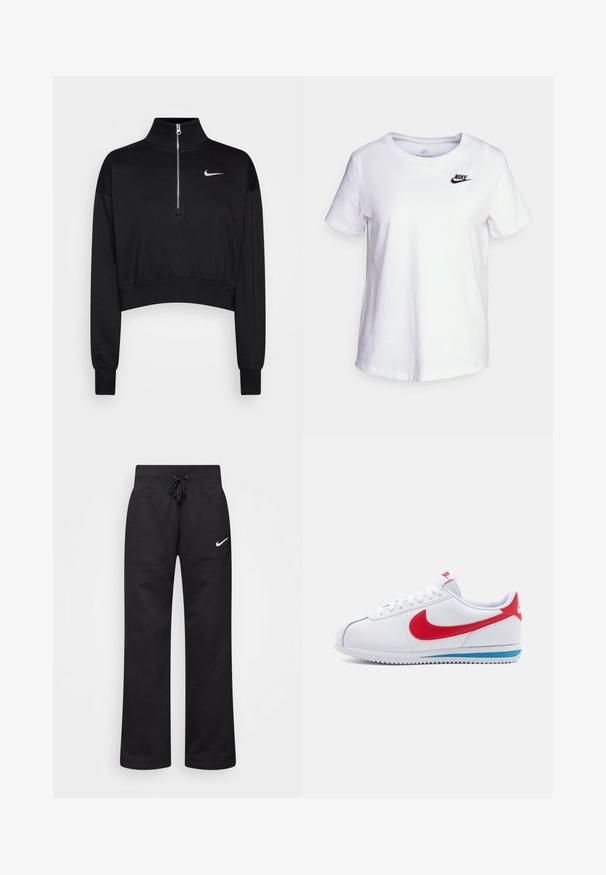 Sudadera negra corta con cuello alto, cierre de media cremallera, puños acanalados y un pequeño logo blanco de Nike en el lado izquierdo del pecho. Textura de tejido suave.; Camiseta de algodón blanca con cuello redondo y mangas cortas. Presenta un logotipo negro de Nike en la parte superior izquierda del pecho.; Pantalones de chándal negros hechos de una mezcla de algodón, con una cintura elástica ajustable, piernas rectas y un logo blanco de Nike en el lado izquierdo.; Zapatilla blanca con un swoosh rojo, acentos azules en la suela y cordones blancos. Parte superior texturizada con detalles de costura. Diseño clásico.