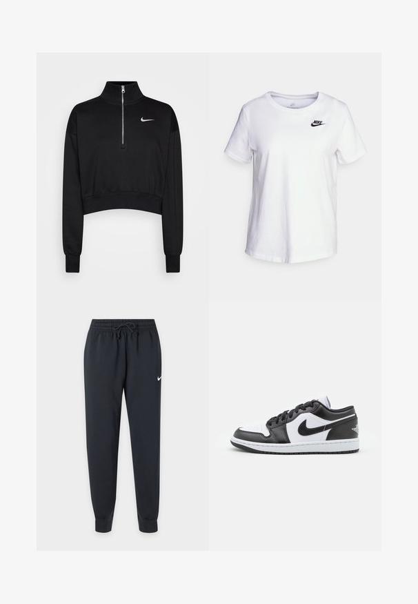 Sweatshirt noir court avec un col haut, fermeture à moitié zippée, poignets en côte et un petit logo Nike blanc sur la poitrine gauche. Texture de tissu doux.; T-shirt en coton blanc avec un col rond et des manches courtes. Présente un logo Nike noir dans la partie supérieure gauche de la poitrine.; Pantalon de survêtement Nike noir avec taille élastique et cordon, jambes fuselées, chevilles bord-côte et petit logo Nike blanc sur la cuisse droite.; Des baskets basses Nike en noir et blanc présentent un cuir lisse sur le dessus, un bout rond, un système de laçage et une semelle extérieure en caoutchouc à motifs.