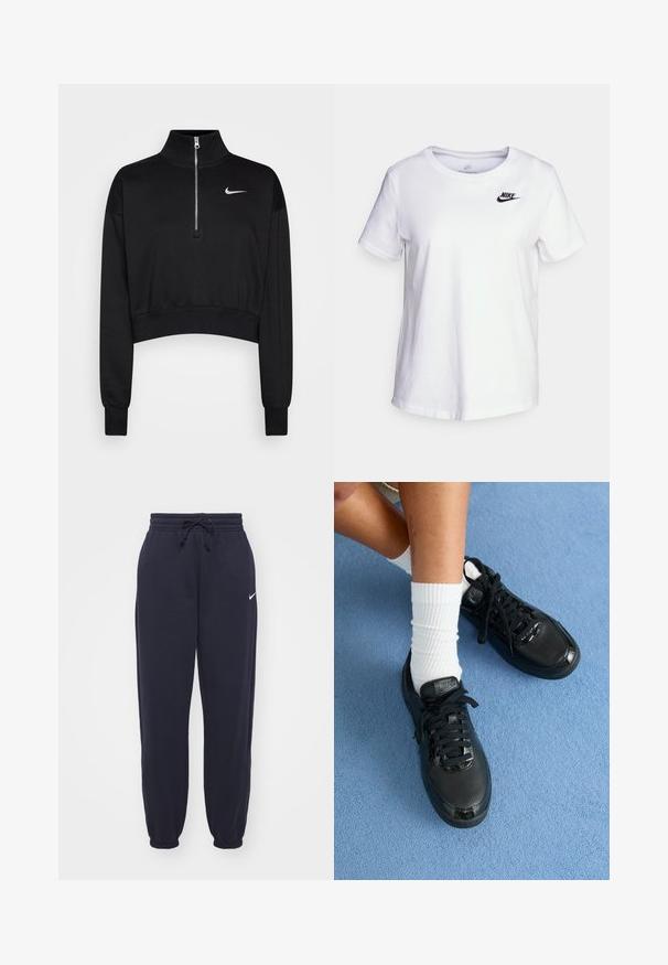 Čierny skrátený sveter s vysokým golierom, polovičným zipsom, rebrovanými manžetami a malým bielym logom Nike na ľavej hrudi. Mäkká textúra látky.; Biela bavlnená tričko s kulatým výstrihom a krátkymi rukávmi. Má čierne logo Nike na hornej ľavej oblasti hrudníka.; Nike tepláky v námornej modrej farbe, vyrobené z mäkkého materiálu. Obsahujú elastický pás s šnúrkou a sťahovacie nohavice. Malý biely logotyp ako akcent.; Čierne tenisky Nike majú štruktúrovaný zvršok, lesklé akcenty a okrúhle šnúrky. Sú skombinované s bielymi rebrovanými ponožkami na svetlomodrom povrchu.