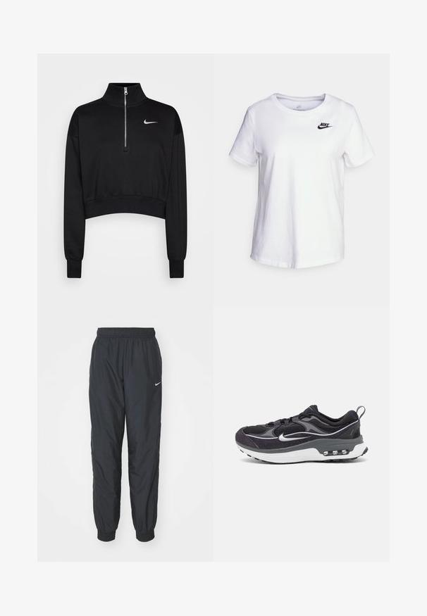 Must mustraga tuunik, millel on kõrge kaelus, pool-kratiga lukuga sulgemine, soonikkoes varrukad ning väike valge Nike logo vasakul rinnal. Pehme kangatunne.; Valge puuvillane T-särk ümmarguse kaelusega ja lühikeste varrukatega. Ülemise vasaku rinnaosa peal on must Nike'i logo.; Mustad Nike spordipüksid, mis on valmistatud kergest kangast, elastse vöökoha ja mansettidega, vasaku jala peal on väike valge logo.; Must ja hallid Nike spordijalatsid koos võrgu ülemise osaga, tekstuursete detailide, pehmendatud tallaga ja nähtava õhuüksusega kannaosas.