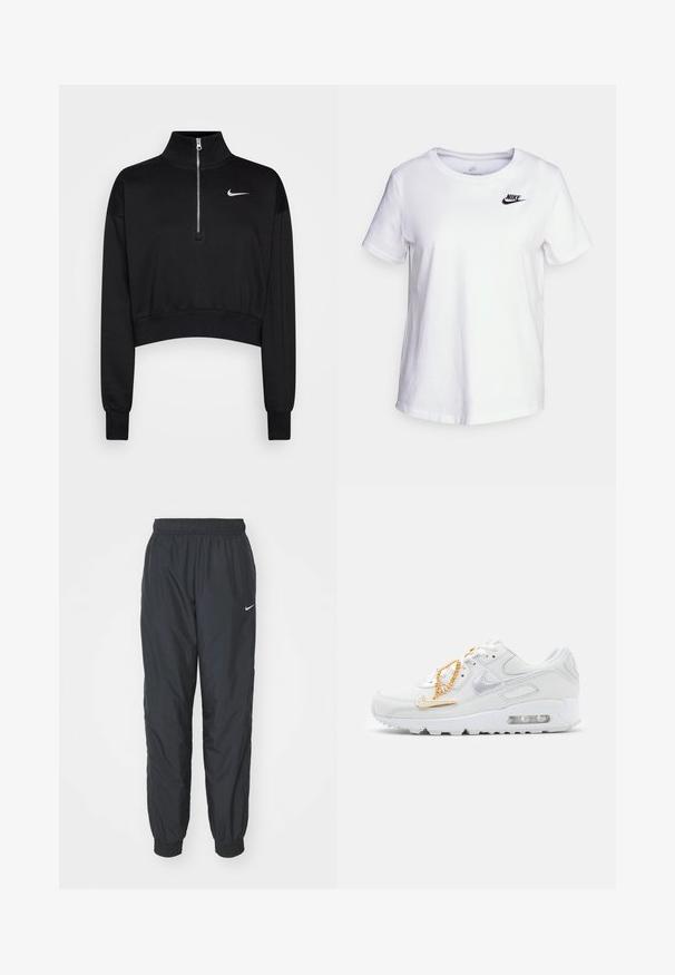 Čierny skrátený sveter s vysokým golierom, polovičným zipsom, rebrovanými manžetami a malým bielym logom Nike na ľavej hrudi. Mäkká textúra látky.; Biela bavlnená tričko s kulatým výstrihom a krátkymi rukávmi. Má čierne logo Nike na hornej ľavej oblasti hrudníka.; Čierne tréningové nohavice Nike vyrobené z ľahkej tkaniny, so elastickým pásom a manžetami, s malým bielym logom na ľavej nohe.; Nike Sportswear AIR MAX 90 - Tenisky - summit white/dark beetroot/white/metalic gold