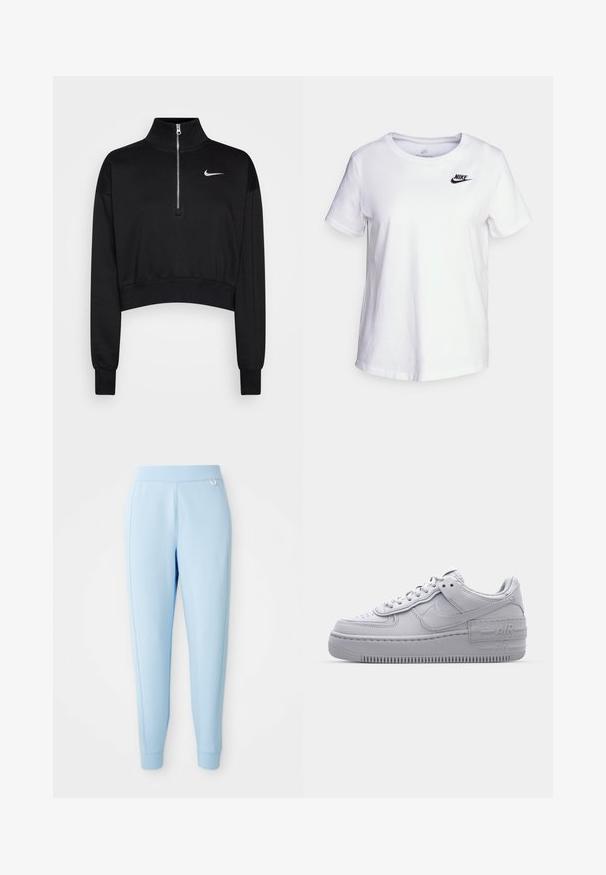 Must mustraga tuunik, millel on kõrge kaelus, pool-kratiga lukuga sulgemine, soonikkoes varrukad ning väike valge Nike logo vasakul rinnal. Pehme kangatunne.; Valge puuvillane T-särk ümmarguse kaelusega ja lühikeste varrukatega. Ülemise vasaku rinnaosa peal on must Nike'i logo.; Hea sinine jogger püksid, mis on valmistatud pehmest materjalist, omavad siledat tekstuuri, kitsenevaid jalgu ja diskreetset logo aktsenti külgedel.; Hallitus hallid Nike Air Force 1 sneakerid, millel on augustatud varvas, siledast nahast ülemine osa, paks tall ning reljeefne 'AIR' detail kontsapadjal.