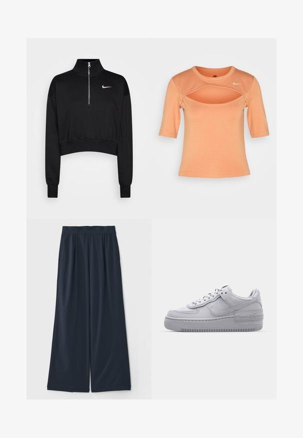 Čierny skrátený sveter s vysokým golierom, polovičným zipsom, rebrovanými manžetami a malým bielym logom Nike na ľavej hrudi. Mäkká textúra látky.; Nike Sportswear CUTOUT - Tričko s potlačou - amber brown/sail; Tmavomodré nohavice s širokými nohavicami vyrobené z mäkkej tkaniny; obsahujú elastický pás a dve bočné vrecká pre pohodlie.; Šedé tenisky Nike Air Force 1 s perforovanou špičkou, hladkým koženým zvrškom, hrubou podrážkou a embosovaným detailom 'AIR' na päte.