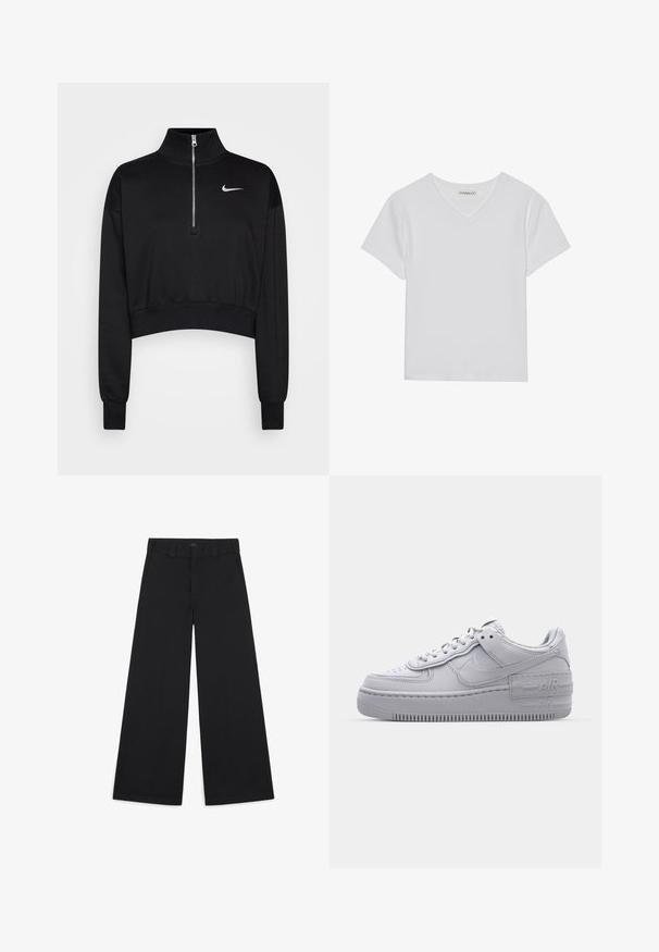 Zwarte cropped sweatshirt met een hoge kraag, halve rits, geribde manchetten en een klein wit Nike-logo op de linkerkant van de borst. Zachte stoffen textuur.; Witte T-shirt met korte mouwen en V-hals, gemaakt van ribbelstof. Heeft een strakke ontwerp met een rechte zoom en minimale details.; Zwarte brede broek gemaakt van een zachte, geweven stof. Heeft persplooien, ceintuurlussen en een nette, op maat gemaakte afwerking.; Grijze Nike Air Force 1 sneaker met geperforeerde neus, glad leren bovenwerk, dikke zool en verhoogde 'AIR' details op de hiel.