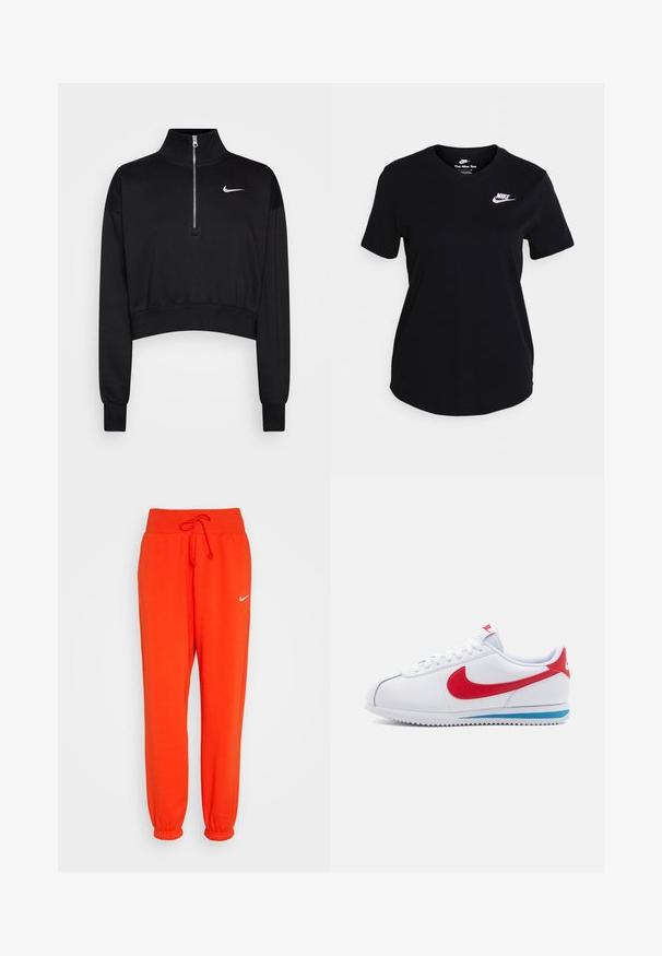 Sort cropped sweatshirt med høje krave, halv lynlås, ribbede manchetter og et lille hvidt Nike-logo på venstre bryst. Blød stoftekstur.; Sort bomulds t-shirt med korte ærmer, der har et hvidt Nike-logo på brystet, rund halsudskæring og en lige kantdesign.; Nike Sportswear W PHNX FLC HR OS - Træningsbukser - picante red/sail; Hvide sneakers med en rød swoosh, blå detalje på sålen og hvide snørebånd. Tekstureret overdækning med stitched detaljer. Klassisk design.