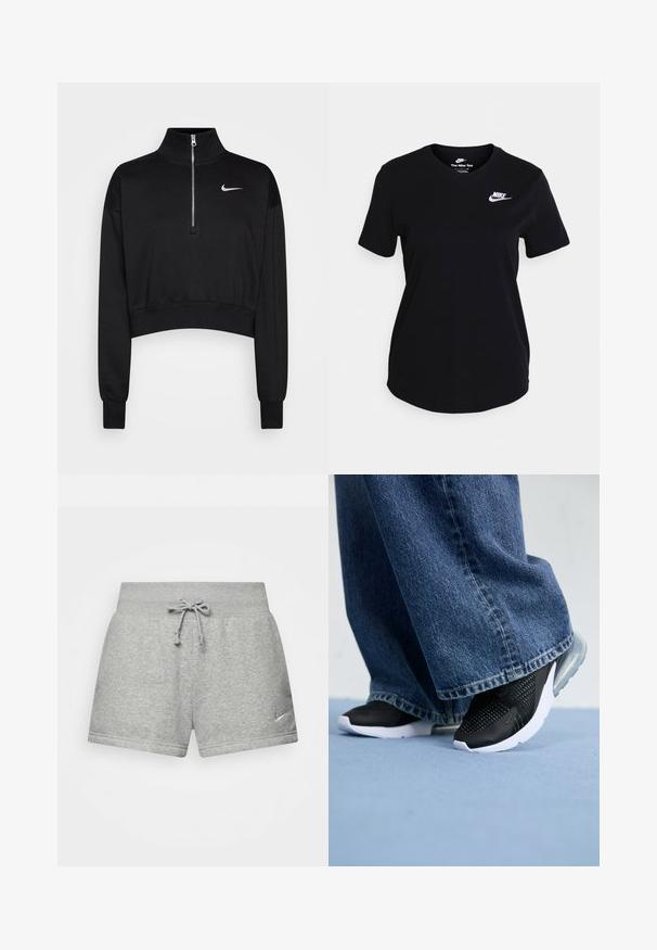 Must mustraga tuunik, millel on kõrge kaelus, pool-kratiga lukuga sulgemine, soonikkoes varrukad ning väike valge Nike logo vasakul rinnal. Pehme kangatunne.; Mustaline puuvillane t-särk lühikeste varrukatega, millel on rinnal valge Nike logo, ümar kaelus ja sirge hem design.; Hallid hallid spordipüksid pehmest kangast, elastse talje ja paelaga, madalamal vasakul küljel väike Nike logo.; Musthave mustad spordijalatsid, millel on võrgusilma detailid, valge tald ja nähtav õhupadi, koos siniste teksadega, millel on laiad säärted.
