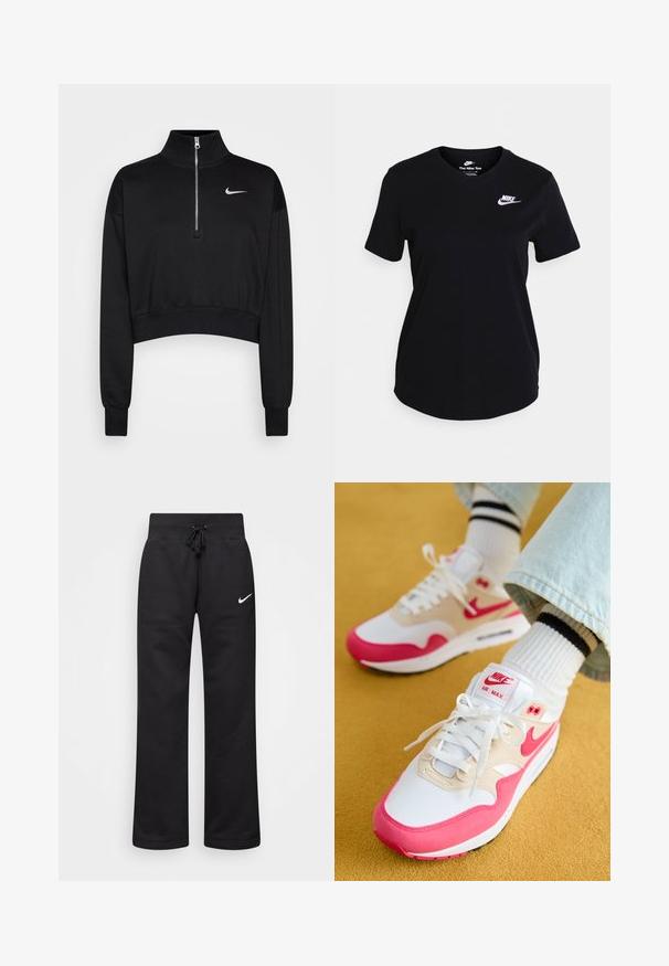 Must mustraga tuunik, millel on kõrge kaelus, pool-kratiga lukuga sulgemine, soonikkoes varrukad ning väike valge Nike logo vasakul rinnal. Pehme kangatunne.; Mustaline puuvillane t-särk lühikeste varrukatega, millel on rinnal valge Nike logo, ümar kaelus ja sirge hem design.; Mustad puuvillasegistusega mustad dressipüksid, millel on paelaga vöökoht, sirged jalad ja vasakul küljel valge Nike logo.; Valged ja roosad Nike Air Max tossud, millel on beež ülaserv, tekstuuriga viimistlus, valged paelad ja nähtav õhukamber.