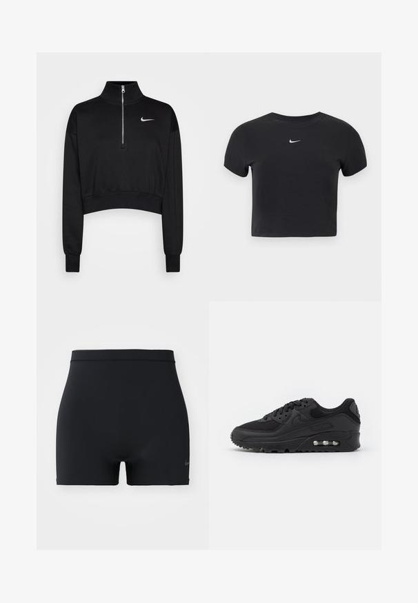 Must mustraga tuunik, millel on kõrge kaelus, pool-kratiga lukuga sulgemine, soonikkoes varrukad ning väike valge Nike logo vasakul rinnal. Pehme kangatunne.; Mustast puuvillast lühendatud T-särk, kus on ümarlõikeline kaelus ja lühikesed varrukad. Rinnal on silmatorkav valge Nike logo.; Must mustad mustreid, elastne mustad spordilühikesed, millel on keskmise kõrgusega vöökoht ja väike Nike logo vasakul küljel.; Musthave mustusneakerid sileda nahk ja võrk, ümar nina, tekstuuriga aktsendid ja nähtav õhusüsteem tallas.