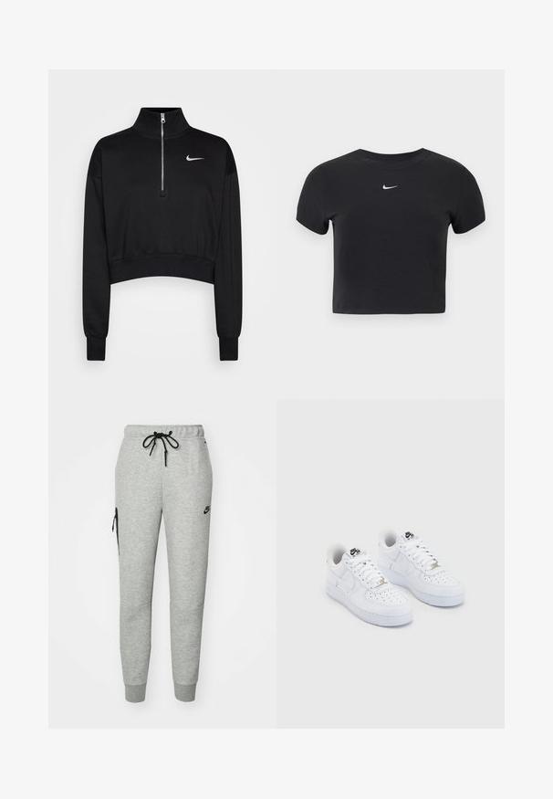 Čierny skrátený sveter s vysokým golierom, polovičným zipsom, rebrovanými manžetami a malým bielym logom Nike na ľavej hrudi. Mäkká textúra látky.; Čierne krátke tričko z bavlny s okrúhlym výstrihom a krátkymi rukávmi. Na hrudi výrazné biele logo Nike.; Šedé tepláky vyrobené z mäkkého materiálu s pásom na šnúrku, zúženými nohavicami a zipsovou vreckom na ľavej strane. Obsahujú čierne logo.; Biele tenisky Nike Air Force 1 s hladkým koženým zvrškom, perforovanou špičkou, bielymi šnúrkami a čiernym logom na jazyku.