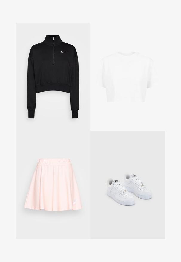Sweatshirt noir court avec un col haut, fermeture à moitié zippée, poignets en côte et un petit logo Nike blanc sur la poitrine gauche. Texture de tissu doux.; T-shirt blanche raccourcie, à manches courtes, col rond, en tissu lisse, sans motifs visibles ni quincaillerie distincte.; Nike Sportswear AIR SKIRT - Minijupe - atmosphere/white; Baskets Nike Air Force 1 blanches avec une tige en cuir lisse, un embout perforé, des lacets blancs et un logo noir sur la languette.