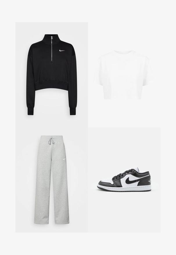 Schwarzer, kurzer Sweatshirt mit hohem Kragen, halbem Reißverschluss, gerippten Bündchen und kleinem weißen Nike-Logo auf der linken Brust. Weicher Stoff.; Weißes, kurzes T-Shirt mit kurzen Ärmeln und rundem Halsausschnitt, aus glattem Stoff, ohne sichtbare Muster oder auffällige Hardware.; Graue Jogginghose mit elastischem Bund, Kordelzug und kleinem weißen Nike-Logo am linken Oberschenkel. Weicher Stoff, locker sitzend.; Schwarz-weiße Nike Low-Top-Sneaker verfügen über ein glattes Leder-Obermaterial, eine runde Zehenpartie, eine Schnürung und eine gemusterte Gummisohle.