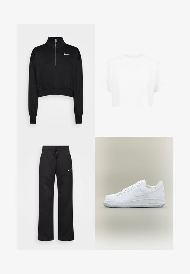 Sweatshirt noir court avec un col haut, fermeture à moitié zippée, poignets en côte et un petit logo Nike blanc sur la poitrine gauche. Texture de tissu doux.; T-shirt blanche raccourcie, à manches courtes, col rond, en tissu lisse, sans motifs visibles ni quincaillerie distincte.; Pantalons de survêtement noirs en mélange de coton, dotés d'une taille élastique avec cordon de serrage, de jambes droites et d'un logo Nike blanc sur le côté gauche.; Baskets blanches basses Nike Air Force 1 avec lacets, bout perforé et semelle en caoutchouc texturée sur fond neutre.