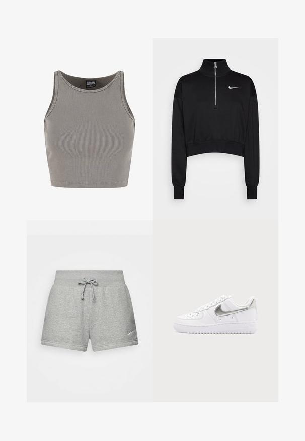Sort cropped sweatshirt med høje krave, halv lynlås, ribbede manchetter og et lille hvidt Nike-logo på venstre bryst. Blød stoftekstur.; Urban Classics CROPPED - Top - steelgrey; Grå atletiske shorts lavet af blødt stof, med en elastisk talje med snor, og et lille Nike-logo på den nederste venstre side.; Hvid lavtopet sneaker med metallisk sølv Nike swoosh og hvide snørebånd på en ensfarvet lysegrå baggrund.