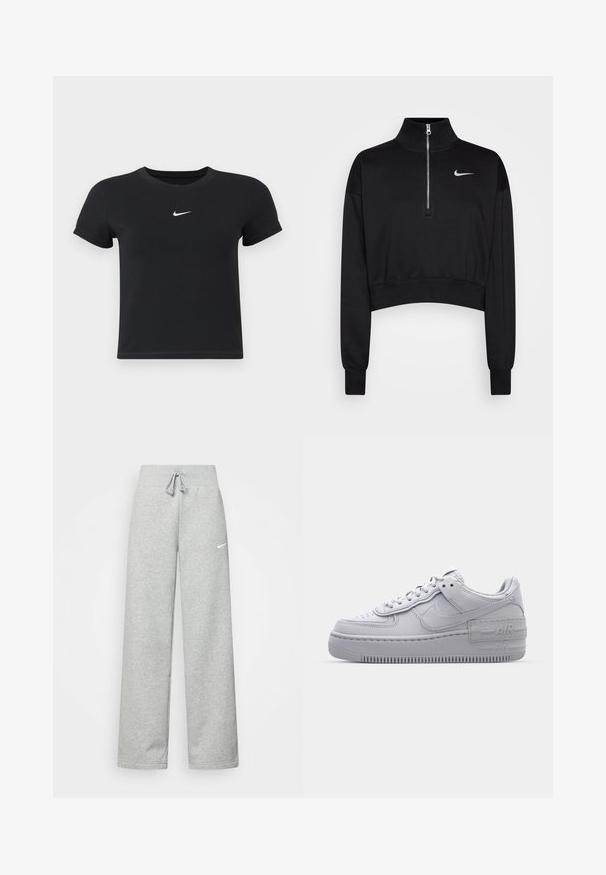 Sudadera negra corta con cuello alto, cierre de media cremallera, puños acanalados y un pequeño logo blanco de Nike en el lado izquierdo del pecho. Textura de tejido suave.; Camiseta negra de manga corta hecha de algodón con un cuello redondo. Presenta un logo blanco de Nike en el pecho, diseño minimalista y forma ajustada.; Pantalones de chándal grises con cintura elástica, detalle de cordón y un pequeño logo blanco de Nike en el muslo izquierdo. Tejido suave, de corte holgado.; Zapatilla Nike Air Force 1 gris con puntera perforada, parte superior de cuero suave, suela gruesa y detalle en relieve 'AIR' en el talón.